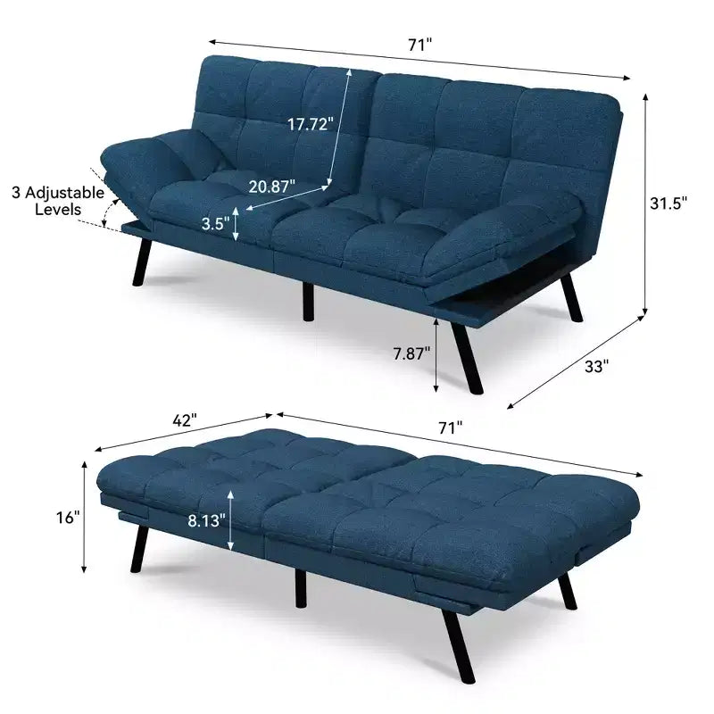 Canapé futon convertible 71", canapé futon moderne en mousse à mémoire de forme avec coussin détachable, dossier et accoudoirs réglables