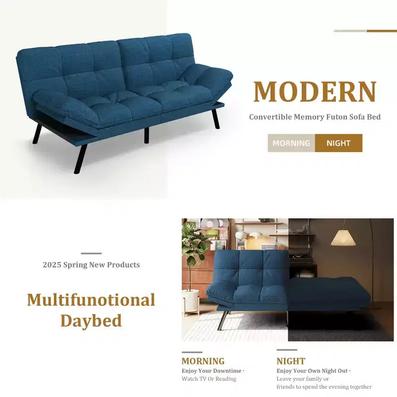 Canapé futon convertible 71", canapé futon moderne en mousse à mémoire de forme avec coussin détachable, dossier et accoudoirs réglables