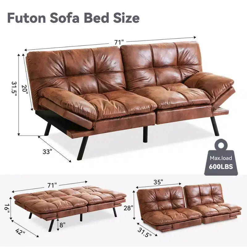 Canapé futon convertible 71", canapé futon moderne en mousse à mémoire de forme avec coussin détachable, dossier et accoudoirs réglables