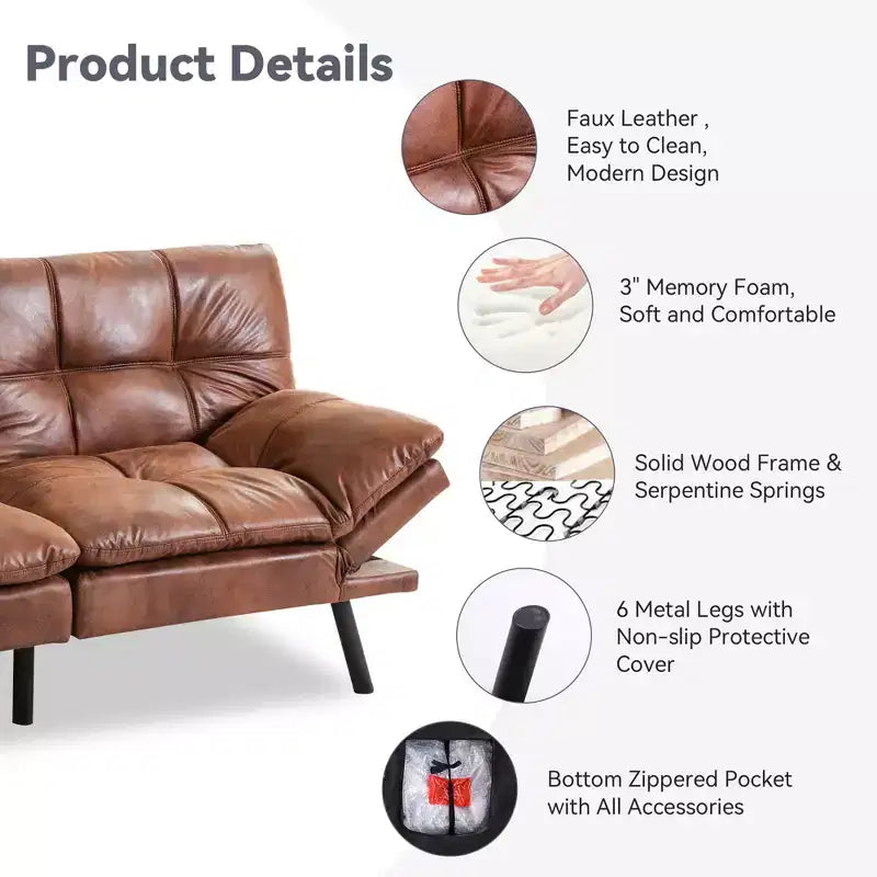 Canapé futon convertible 71", canapé futon moderne en mousse à mémoire de forme avec coussin détachable, dossier et accoudoirs réglables