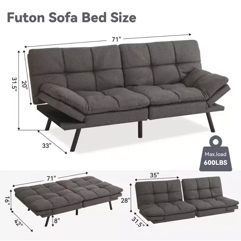 Canapé futon convertible 71", canapé futon moderne en mousse à mémoire de forme avec coussin détachable, dossier et accoudoirs réglables