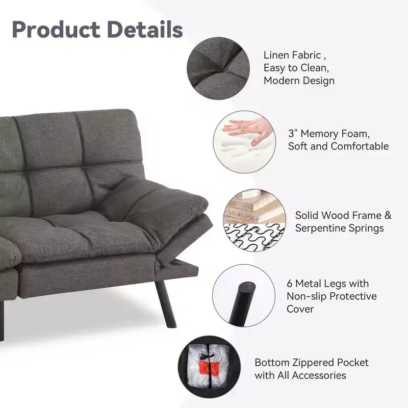 Canapé futon convertible 71", canapé futon moderne en mousse à mémoire de forme avec coussin détachable, dossier et accoudoirs réglables
