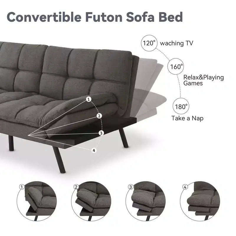 Canapé futon convertible 71", canapé futon moderne en mousse à mémoire de forme avec coussin détachable, dossier et accoudoirs réglables