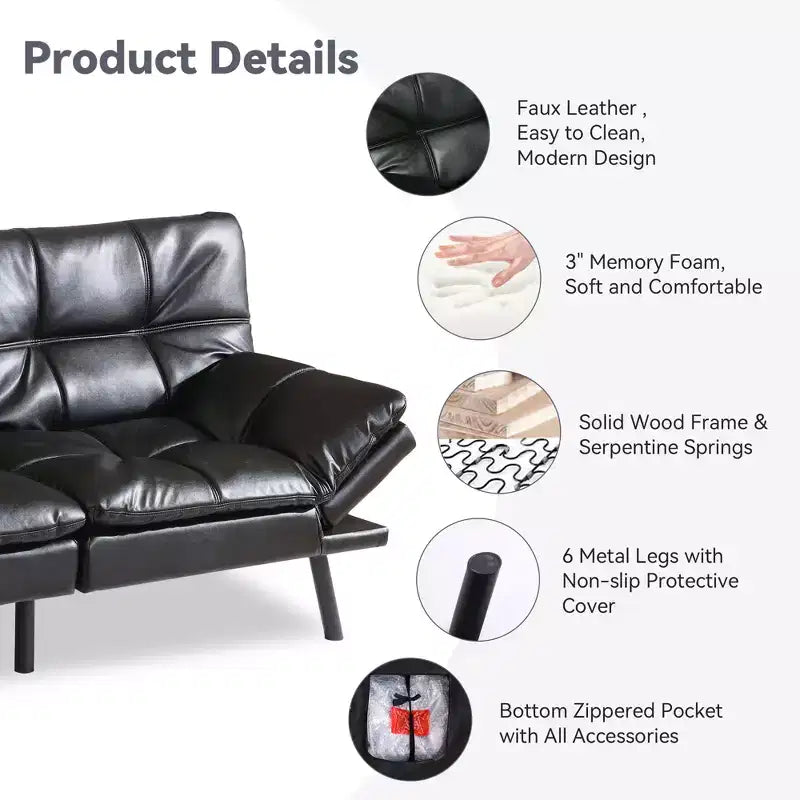 Canapé futon convertible 71", canapé futon moderne en mousse à mémoire de forme avec coussin détachable, dossier et accoudoirs réglables