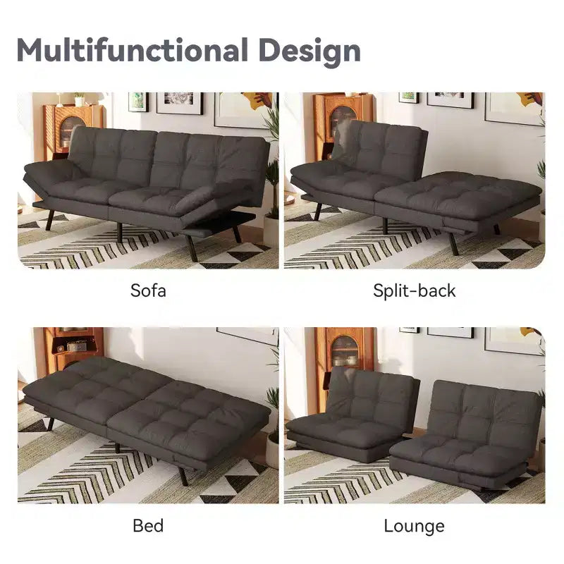 Canapé futon convertible 71", canapé futon moderne en mousse à mémoire de forme avec coussin détachable, dossier et accoudoirs réglables
