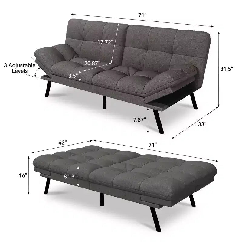 Canapé futon convertible 71", canapé futon moderne en mousse à mémoire de forme avec coussin détachable, dossier et accoudoirs réglables
