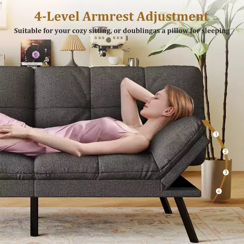Canapé futon convertible 71", canapé futon moderne en mousse à mémoire de forme avec coussin détachable, dossier et accoudoirs réglables