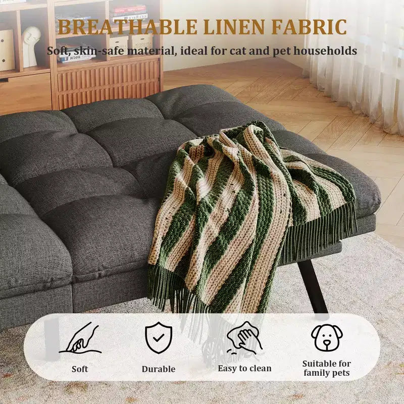 Canapé futon convertible 71", canapé futon moderne en mousse à mémoire de forme avec coussin détachable, dossier et accoudoirs réglables