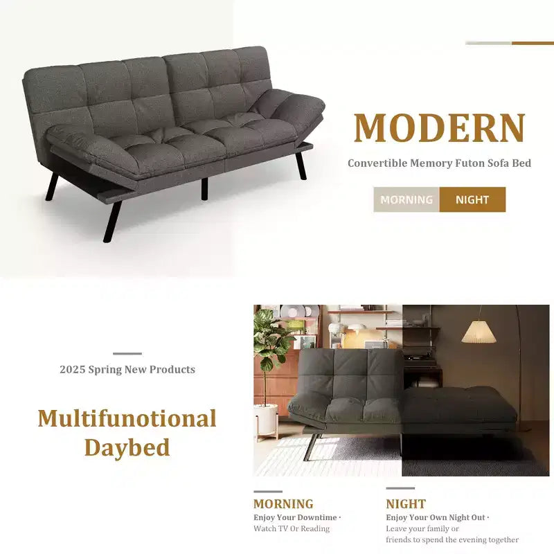 Canapé futon convertible 71", canapé futon moderne en mousse à mémoire de forme avec coussin détachable, dossier et accoudoirs réglables