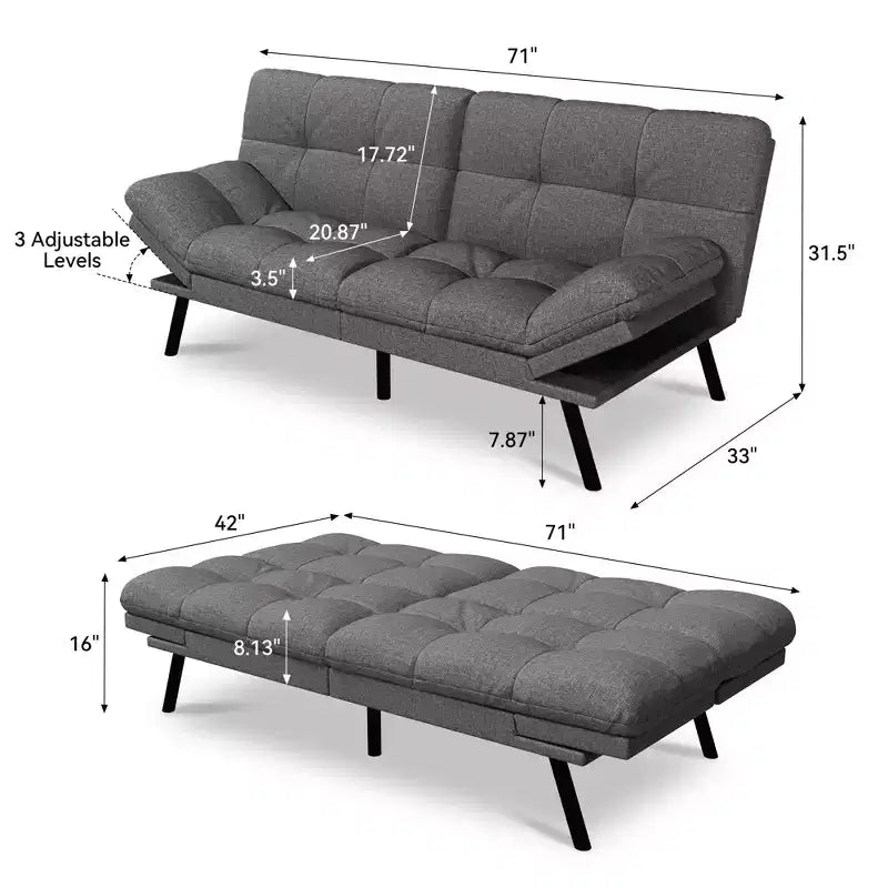 Canapé futon convertible 71", canapé futon moderne en mousse à mémoire de forme avec coussin détachable, dossier et accoudoirs réglables