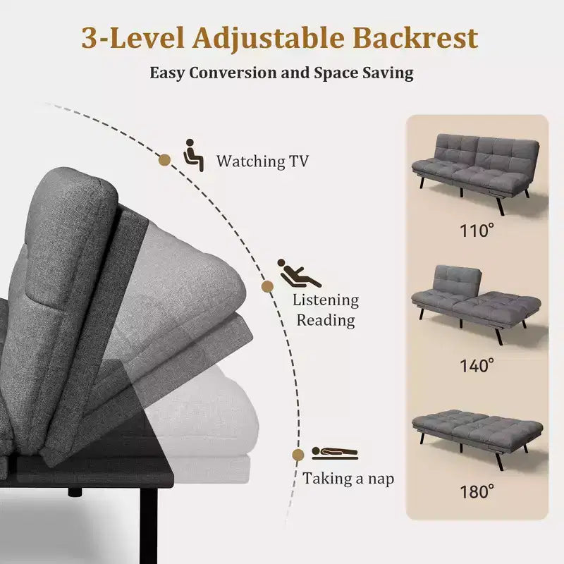 Canapé futon convertible 71", canapé futon moderne en mousse à mémoire de forme avec coussin détachable, dossier et accoudoirs réglables