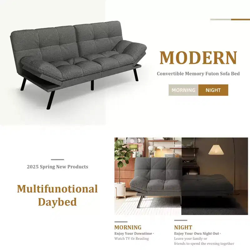 Canapé futon convertible 71", canapé futon moderne en mousse à mémoire de forme avec coussin détachable, dossier et accoudoirs réglables