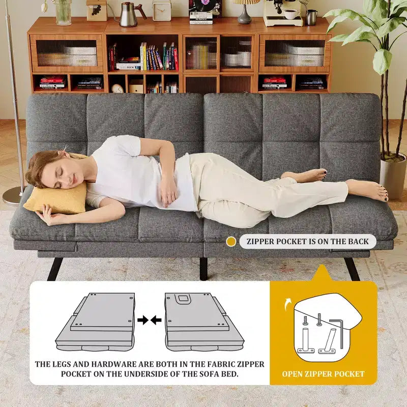 Canapé futon convertible 71", canapé futon moderne en mousse à mémoire de forme avec coussin détachable, dossier et accoudoirs réglables