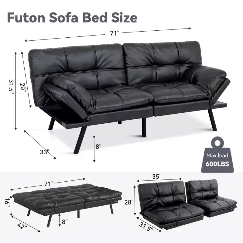 Canapé futon convertible 71", canapé futon moderne en mousse à mémoire de forme avec coussin détachable, dossier et accoudoirs réglables