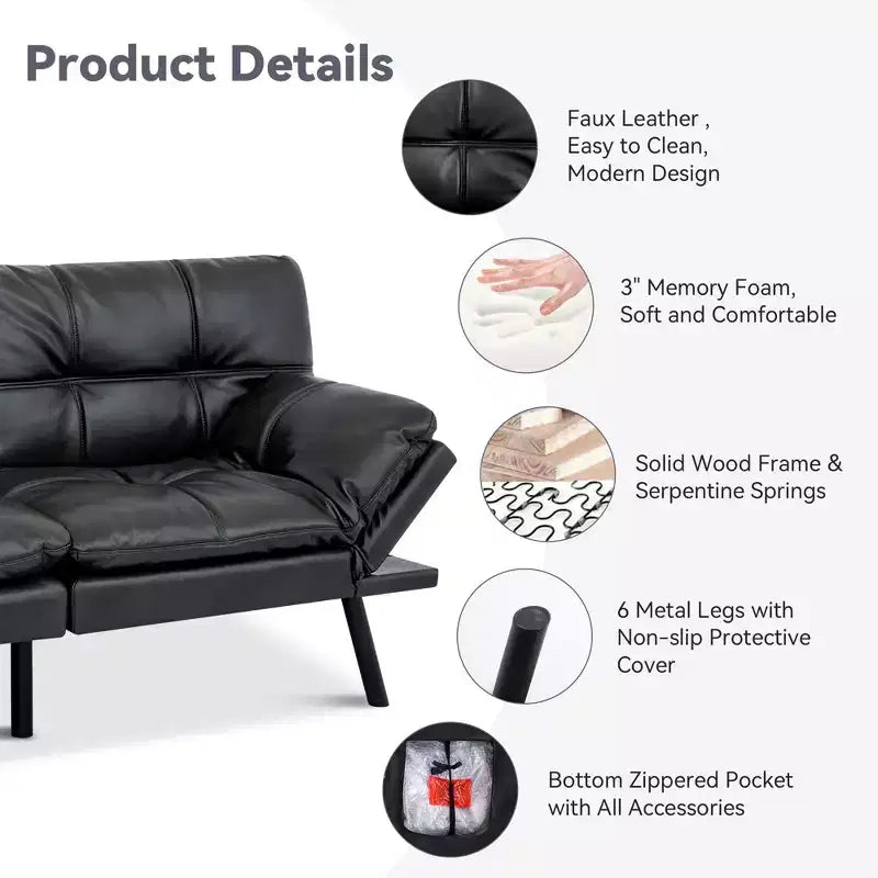 Canapé futon convertible 71", canapé futon moderne en mousse à mémoire de forme avec coussin détachable, dossier et accoudoirs réglables