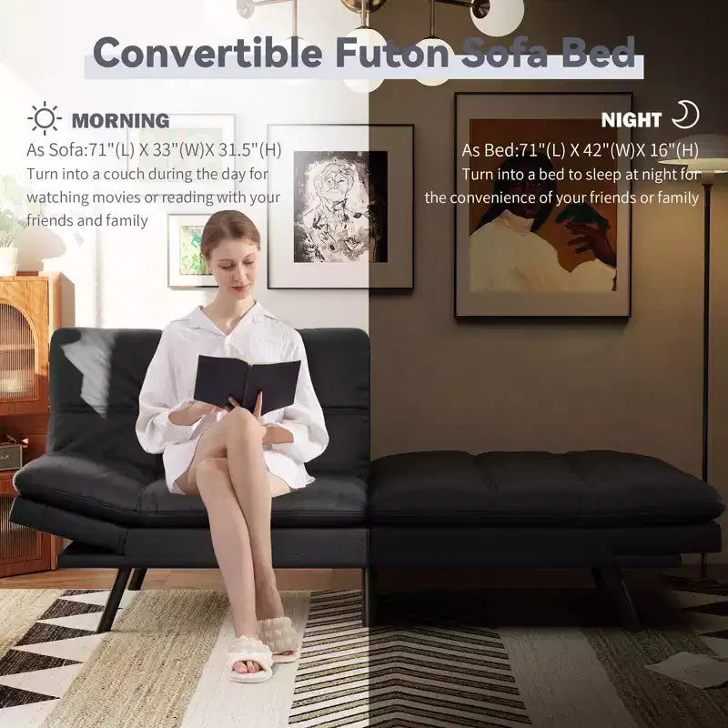 Canapé futon convertible 71", canapé futon moderne en mousse à mémoire de forme avec coussin détachable, dossier et accoudoirs réglables