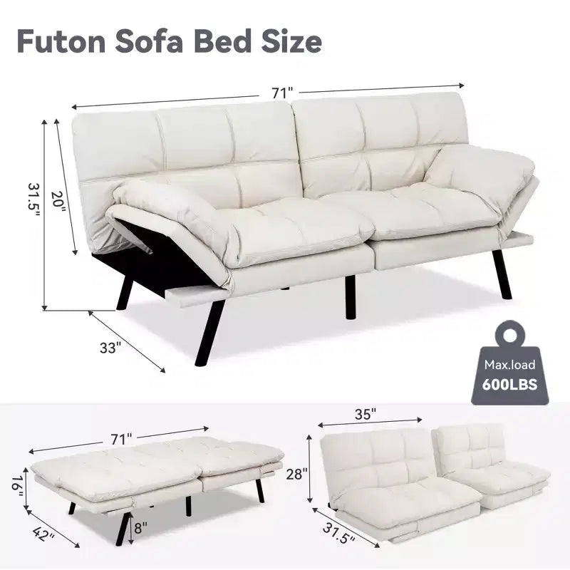 Canapé futon convertible 71", canapé futon moderne en mousse à mémoire de forme avec coussin détachable, dossier et accoudoirs réglables