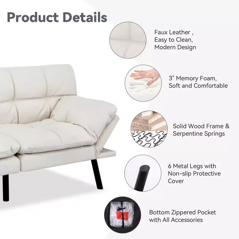 Canapé futon convertible 71", canapé futon moderne en mousse à mémoire de forme avec coussin détachable, dossier et accoudoirs réglables