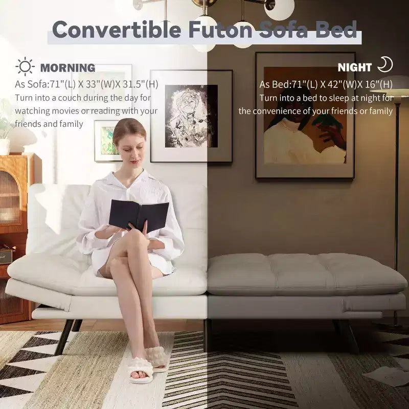 Canapé futon convertible 71", canapé futon moderne en mousse à mémoire de forme avec coussin détachable, dossier et accoudoirs réglables