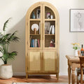 MAYEERTY 71 Tall Arched Storage Cabinets Modern Kitchen Cabinet with Glass Door Solid Wood Legs Shelves for Living Room Natural