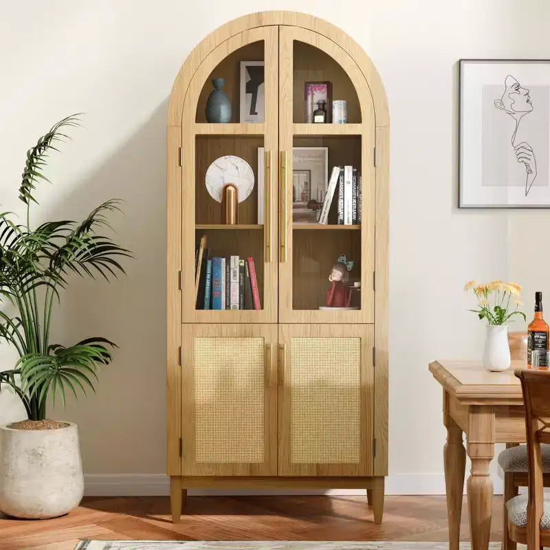 MAYEERTY 71 Tall Arched Storage Cabinets Modern Kitchen Cabinet with Glass Door Solid Wood Legs Shelves for Living Room Natural