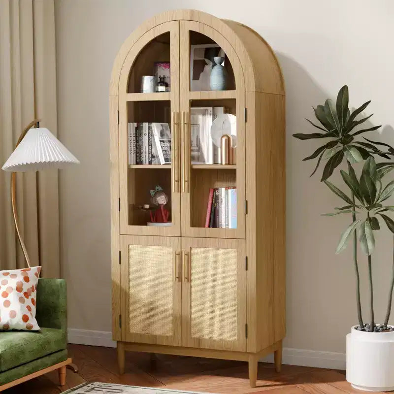 Meuble de rangement haut cintré de 180 cm, armoire de cuisine moderne avec porte vitrée, pieds en bois massif, étagères pour salon, naturel