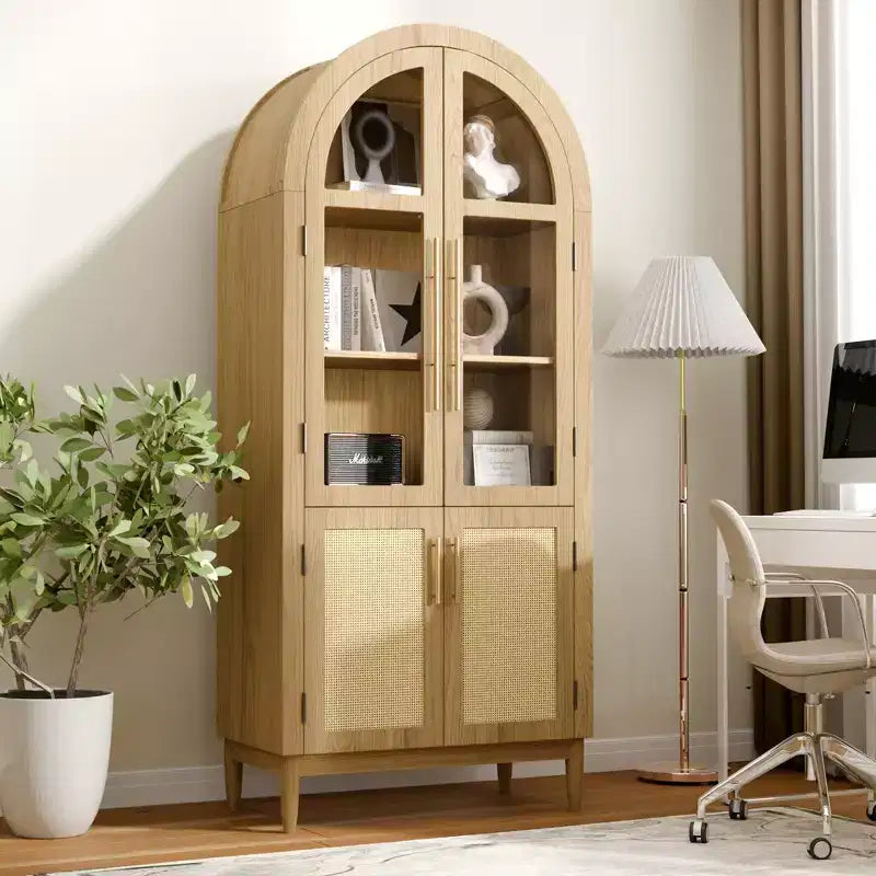 Meuble de rangement haut cintré de 180 cm, armoire de cuisine moderne avec porte vitrée, pieds en bois massif, étagères pour salon, naturel