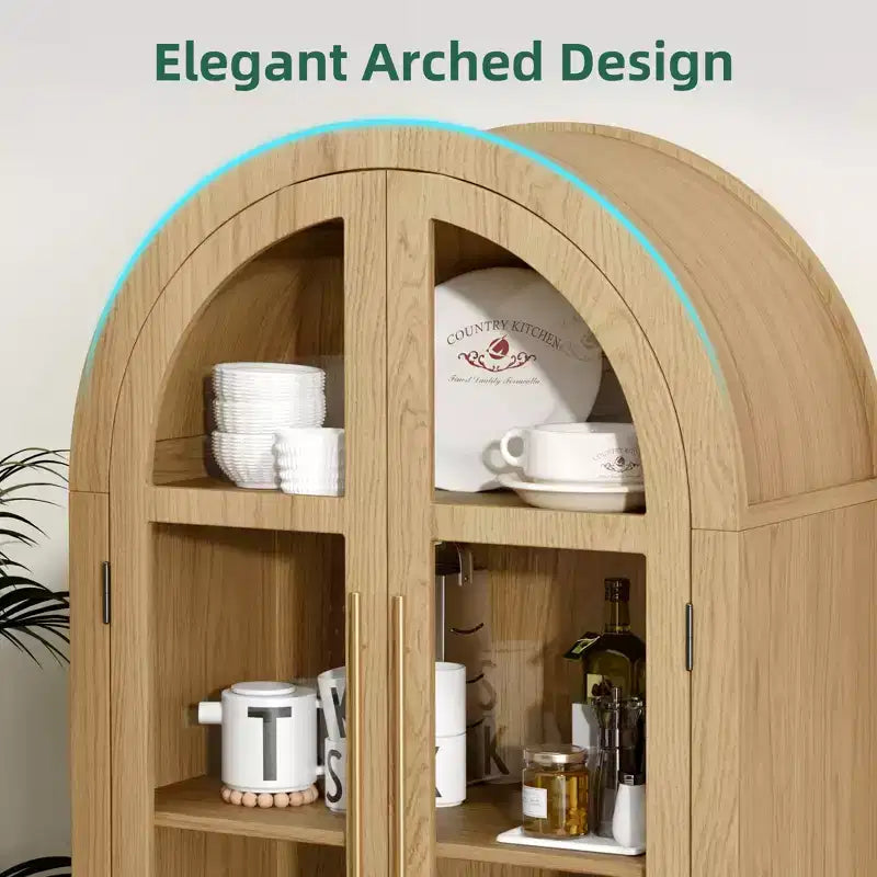 Meuble de rangement haut cintré de 180 cm, armoire de cuisine moderne avec porte vitrée, pieds en bois massif, étagères pour salon, naturel
