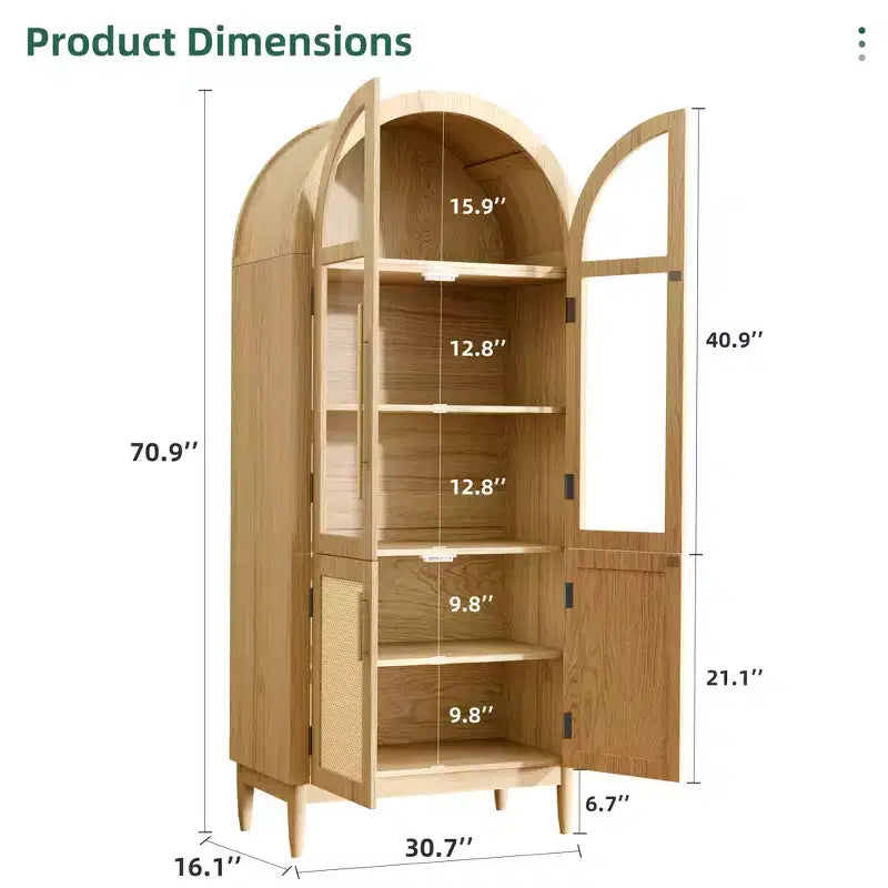 Meuble de rangement haut cintré de 180 cm, armoire de cuisine moderne avec porte vitrée, pieds en bois massif, étagères pour salon, naturel