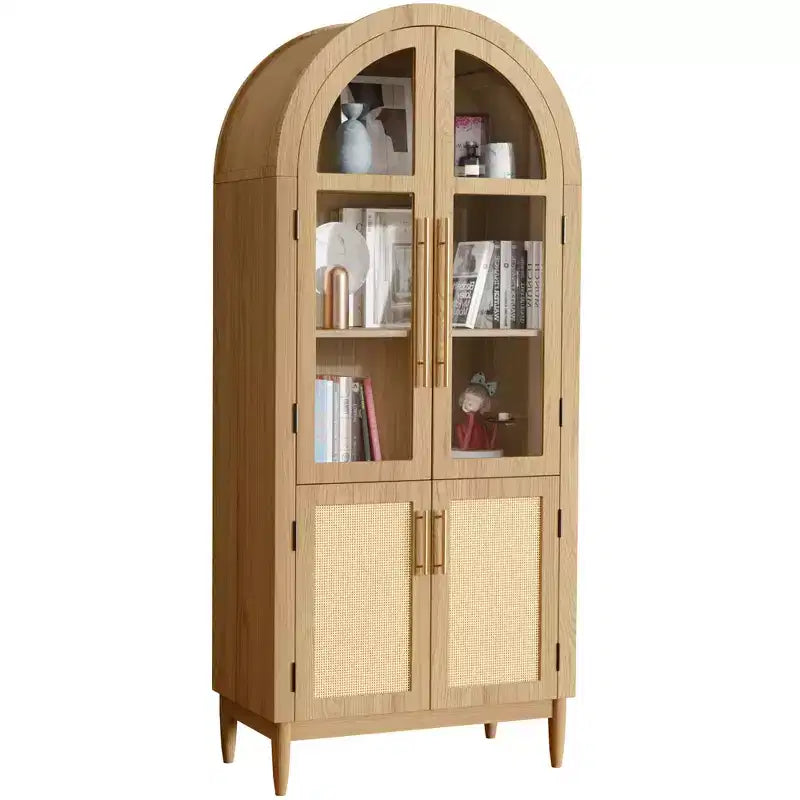Meuble de rangement haut cintré de 180 cm, armoire de cuisine moderne avec porte vitrée, pieds en bois massif, étagères pour salon, naturel