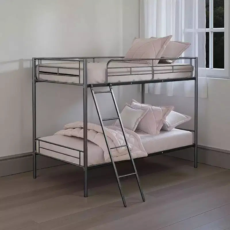 Royal Hampton Twin Over Twin Bunk Bed, Black Metal Frame, Attached Angled Ladder