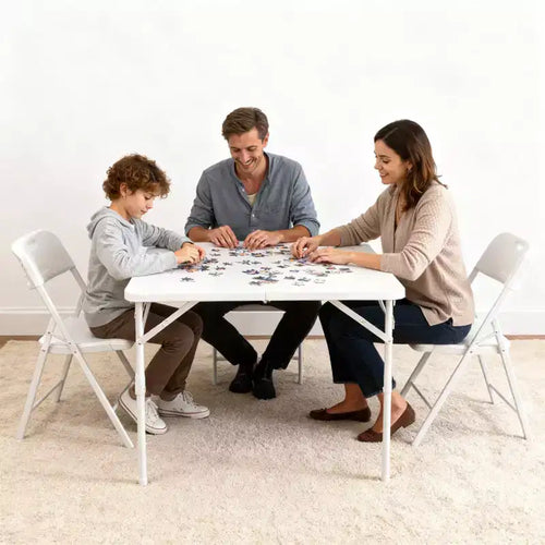 34'' Square Folding Card Table, Fold-in-Half Portable Dining Table with Handle and Safety Lock, Foldable Plastic Dining Tables for Camping Party