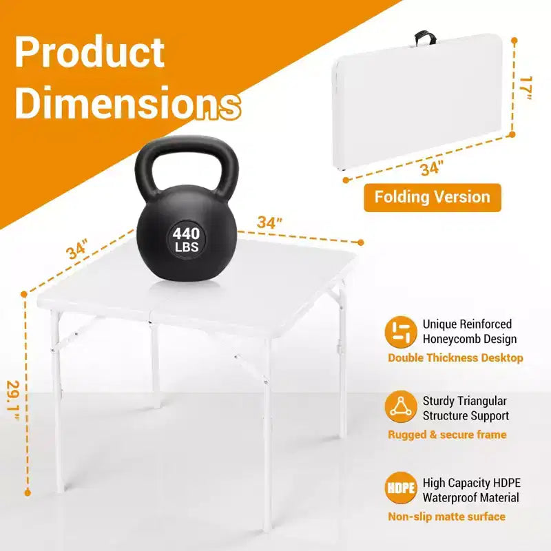 Table de jeu carrée pliante de 34 pouces, table de salle à manger portable pliable en deux avec poignée et verrou de sécurité, tables de salle à manger pliantes en plastique pour le camping et les fêtes