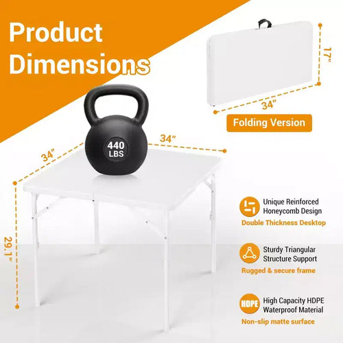 Table de jeu carrée pliante de 34 pouces, table de salle à manger portable pliable en deux avec poignée et verrou de sécurité, tables de salle à manger pliantes en plastique pour le camping et les fêtes