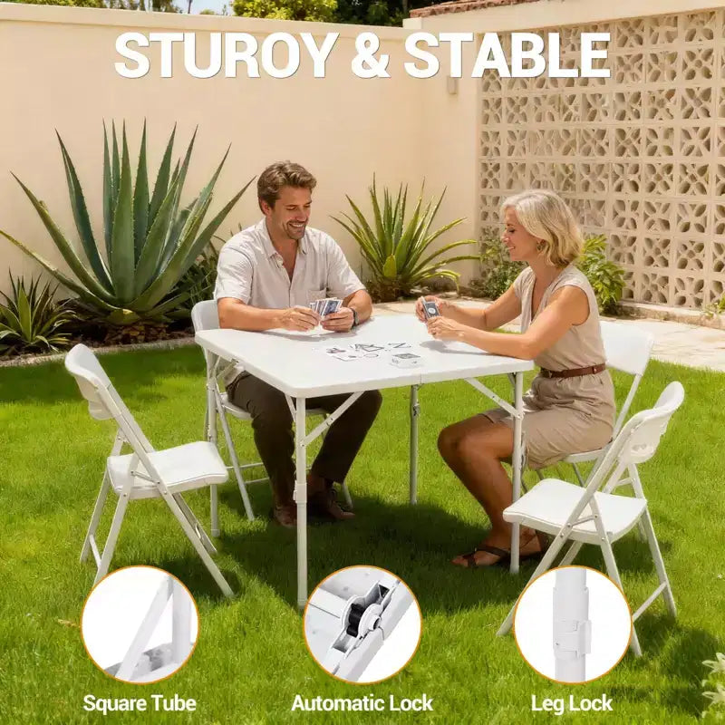 Table de jeu carrée pliante de 34 pouces, table de salle à manger portable pliable en deux avec poignée et verrou de sécurité, tables de salle à manger pliantes en plastique pour le camping et les fêtes