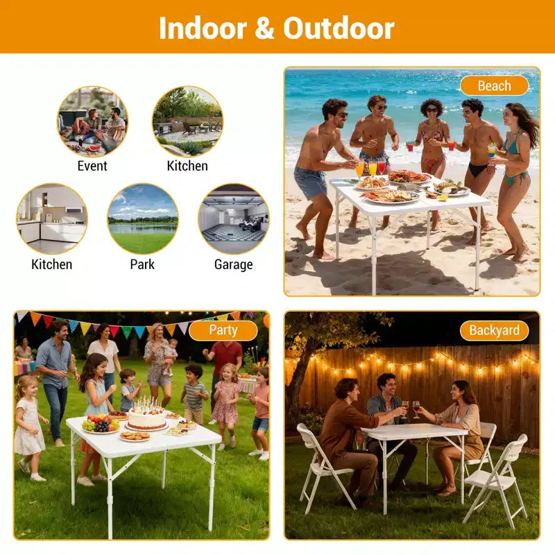 Table de jeu carrée pliante de 34 pouces, table de salle à manger portable pliable en deux avec poignée et verrou de sécurité, tables de salle à manger pliantes en plastique pour le camping et les fêtes