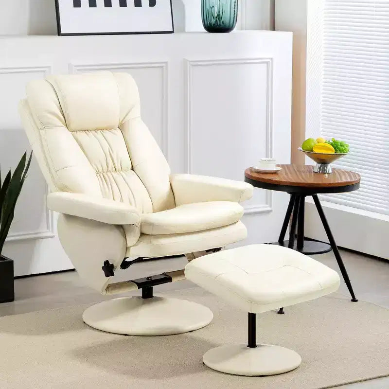 Fauteuil inclinable en cuir PU avec pouf, fauteuil inclinable pivotant et pouf avec base ronde pour salon