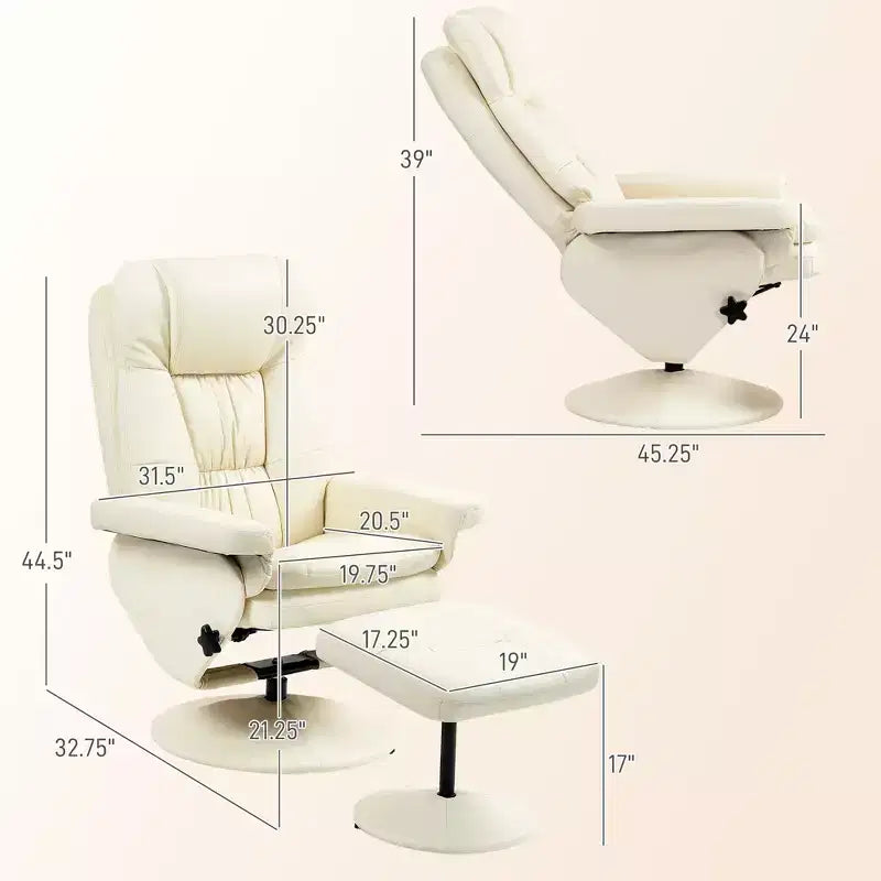 Fauteuil inclinable en cuir PU avec pouf, fauteuil inclinable pivotant et pouf avec base ronde pour salon