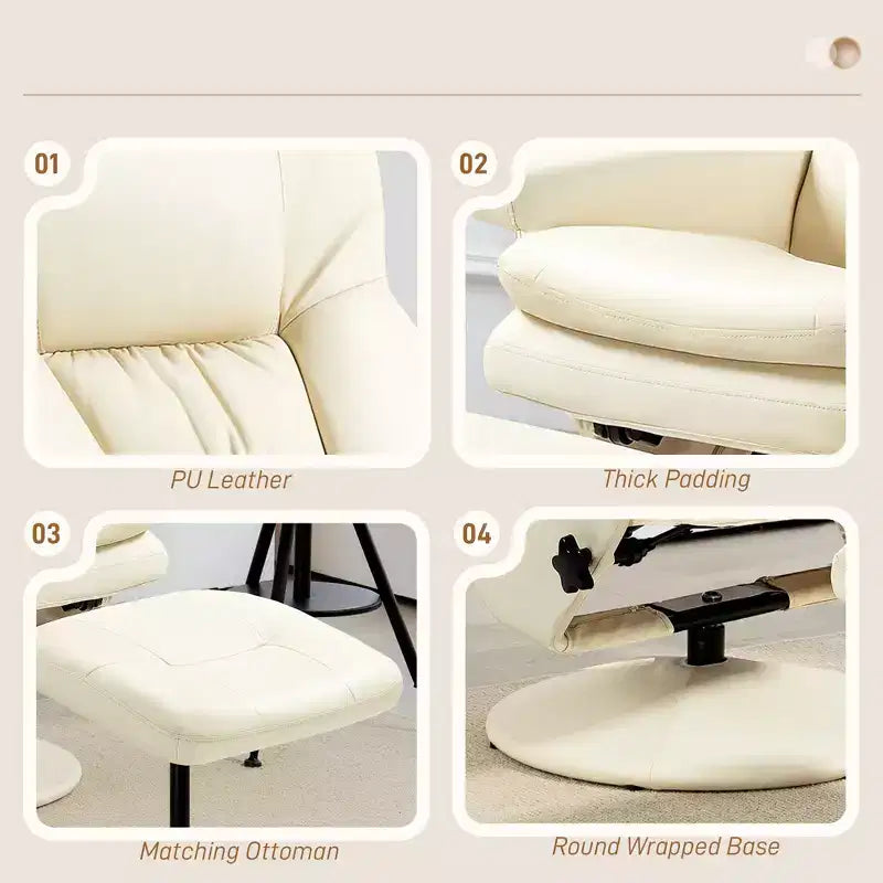 Fauteuil inclinable en cuir PU avec pouf, fauteuil inclinable pivotant et pouf avec base ronde pour salon