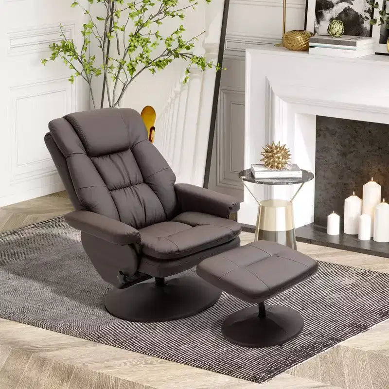 Fauteuil inclinable en cuir PU avec pouf, fauteuil inclinable pivotant et pouf avec base ronde pour salon