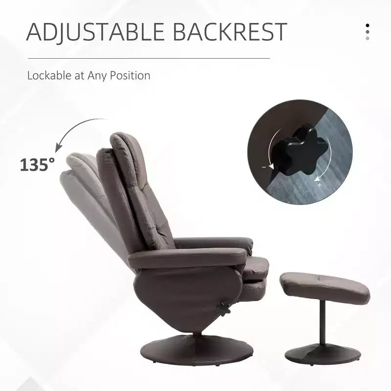 Fauteuil inclinable en cuir PU avec pouf, fauteuil inclinable pivotant et pouf avec base ronde pour salon
