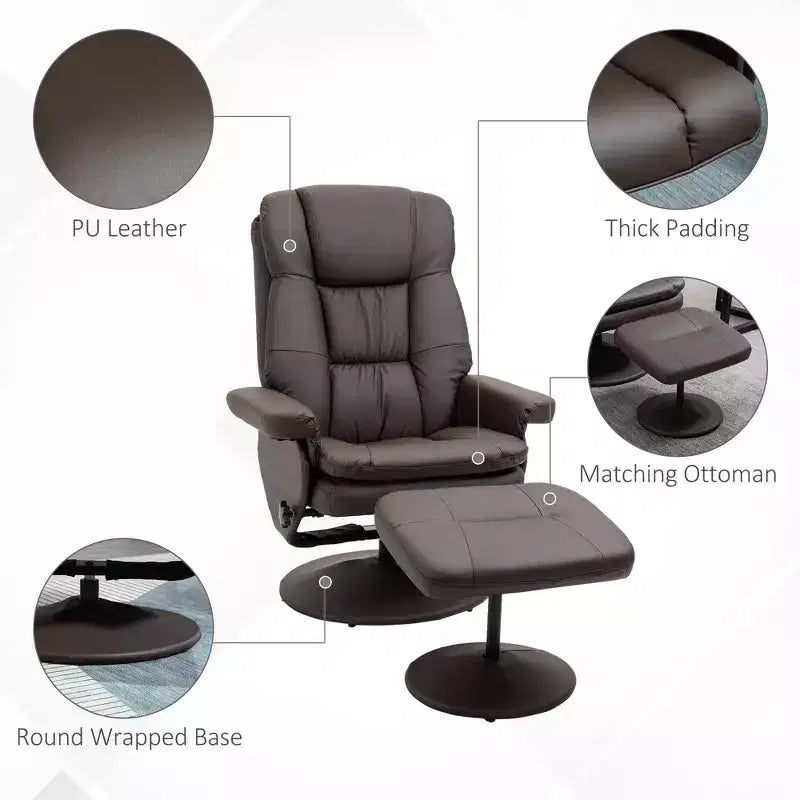 Fauteuil inclinable en cuir PU avec pouf, fauteuil inclinable pivotant et pouf avec base ronde pour salon