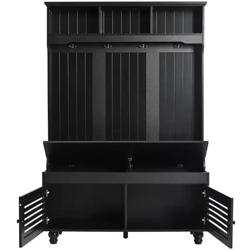 Porte-manteau 5-en-1 avec portes persiennes, porte-manteau sur pied avec coussin et 4 crochets robustes, large porte-manteau pour couloir, noir