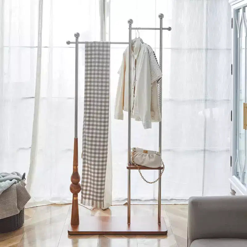Porte-manteau avec étagères en bois et cadre en acier inoxydable, porte-manteau industriel au design élégant, arbre à manteaux pour salon, chambre à coucher, argent