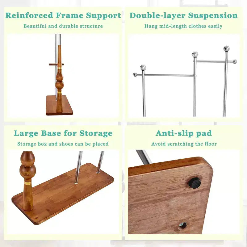 Porte-manteau avec étagères en bois et cadre en acier inoxydable, porte-manteau industriel au design élégant, arbre à manteaux pour salon, chambre à coucher, argent