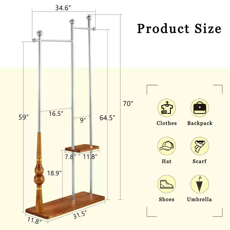 Porte-manteau avec étagères en bois et cadre en acier inoxydable, porte-manteau industriel au design élégant, arbre à manteaux pour salon, chambre à coucher, argent