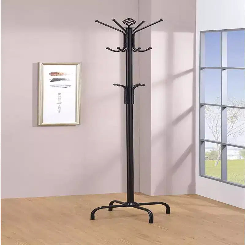 Okak Elegent Metal Freestanding Coat Rack with 3-Tier Hooks, Hall Tree with Minimalism Design, Storage Rack for Living Room, Bedroom, Black