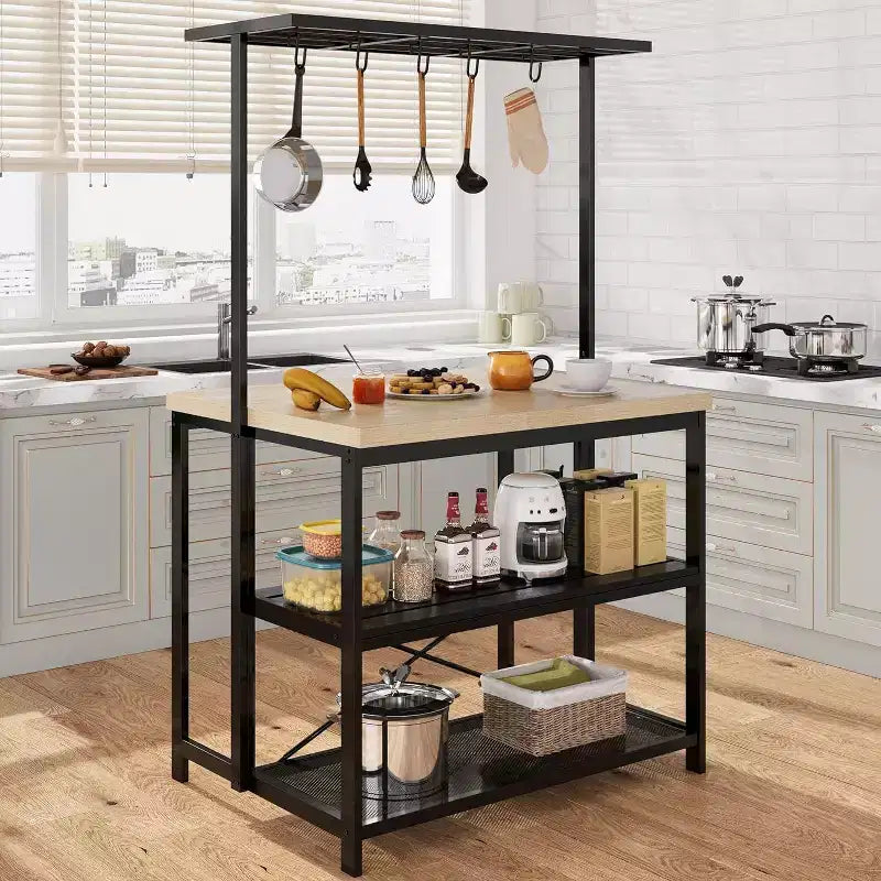 COZONY Kitchen Island with Power Outlets, Mobile Bakers Rack with 3 Shelves & Hooks