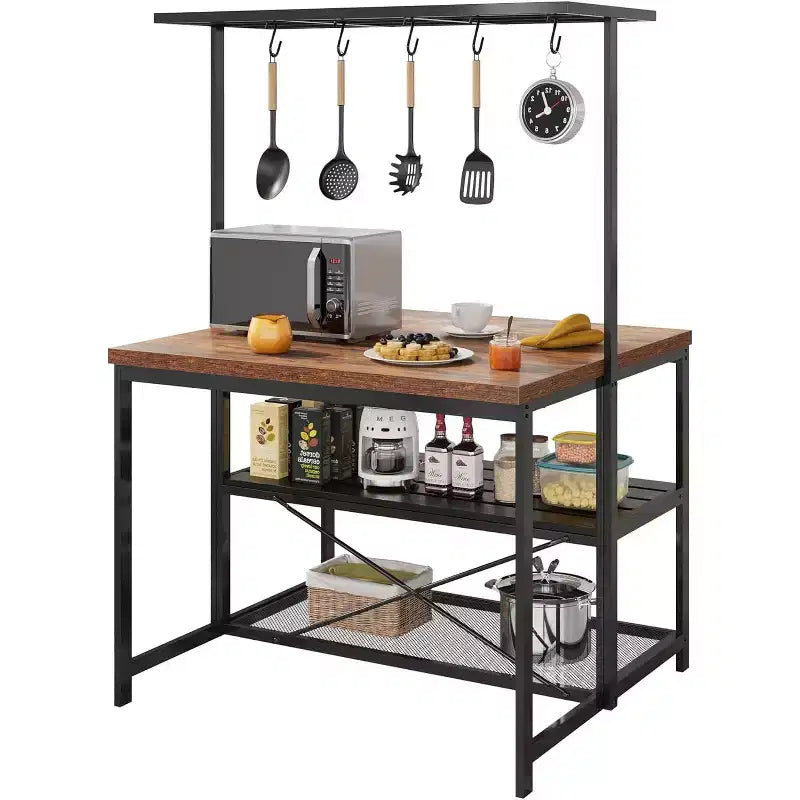 Îlot de cuisine avec prises électriques, desserte de boulanger mobile avec 3 étagères et crochets