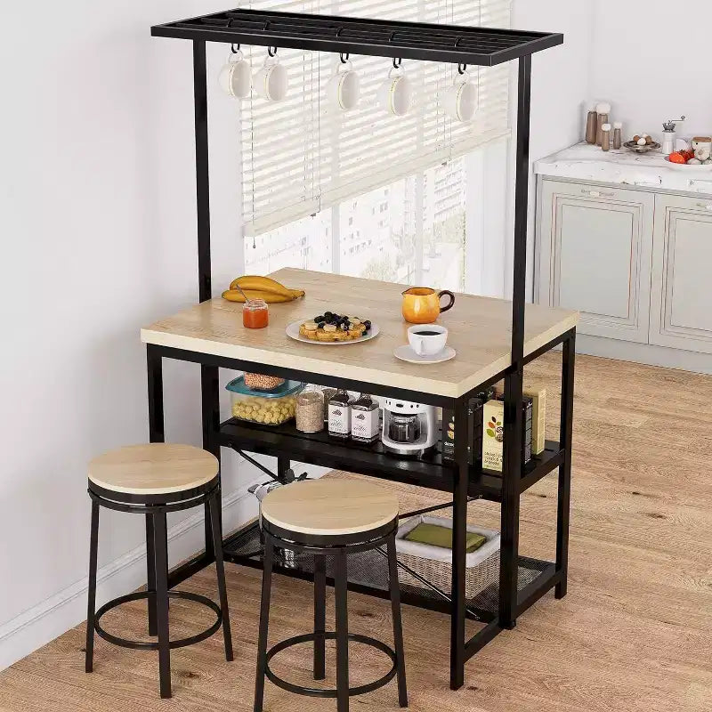 Îlot de cuisine avec prises électriques, desserte de boulanger mobile avec 3 étagères et crochets